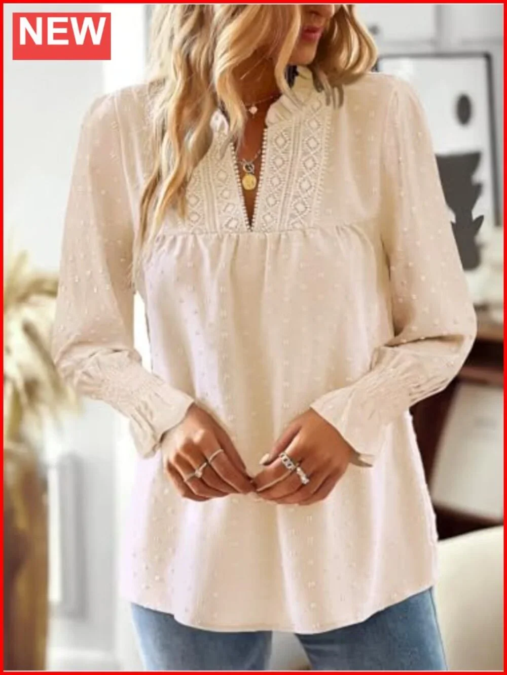 Womens Boho V-Neck Crochet Lace Long Sleeve Blouse